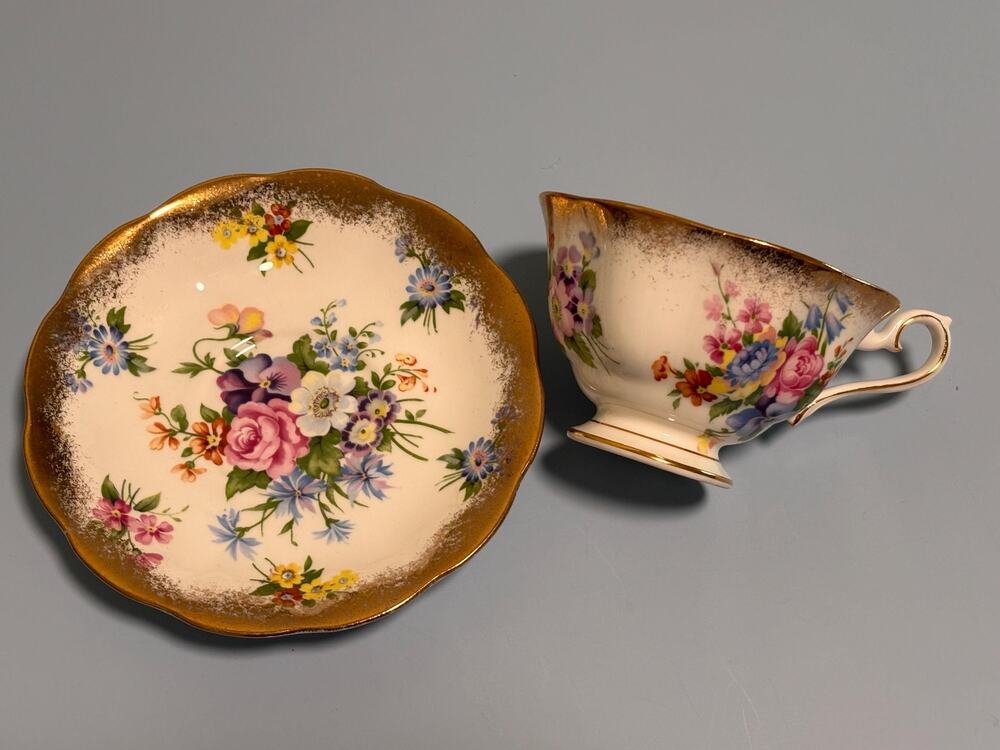 Royal Albert mixed multi floral tea coffee cup saucer heavy gold Pink